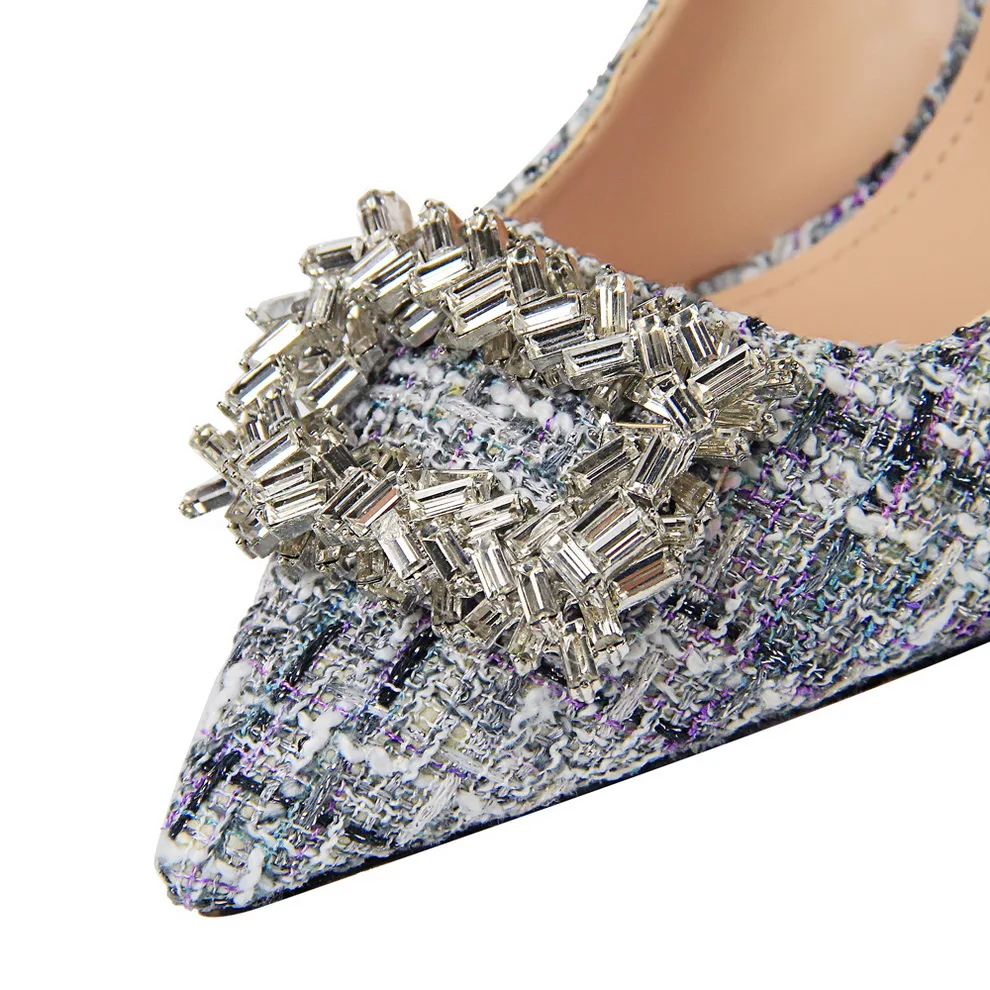 

9CM Pointed Toe High Heels Pump Chaussures Femme Spring Korea Crystal Shoes Woman Slip-On Shallow Wedding Party Girls Zapato