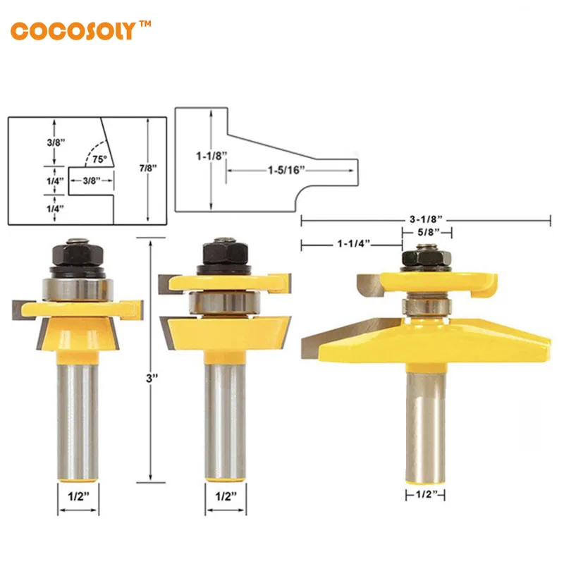 

DIY Woodworking Tools 1/2" Shank 3 Bit Raised Panel Cabinet Door Router Bit Set
