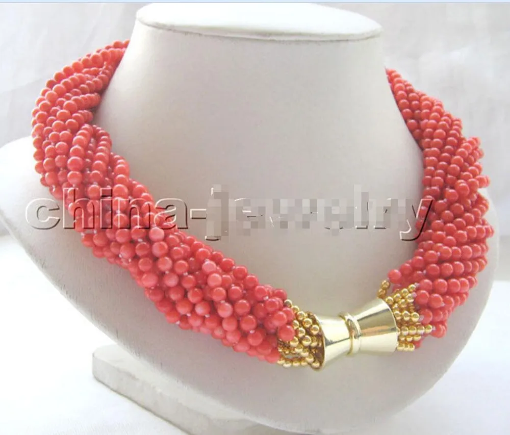 

18" 12row 4-5mm orange round coral necklace - GP magnet clasp
