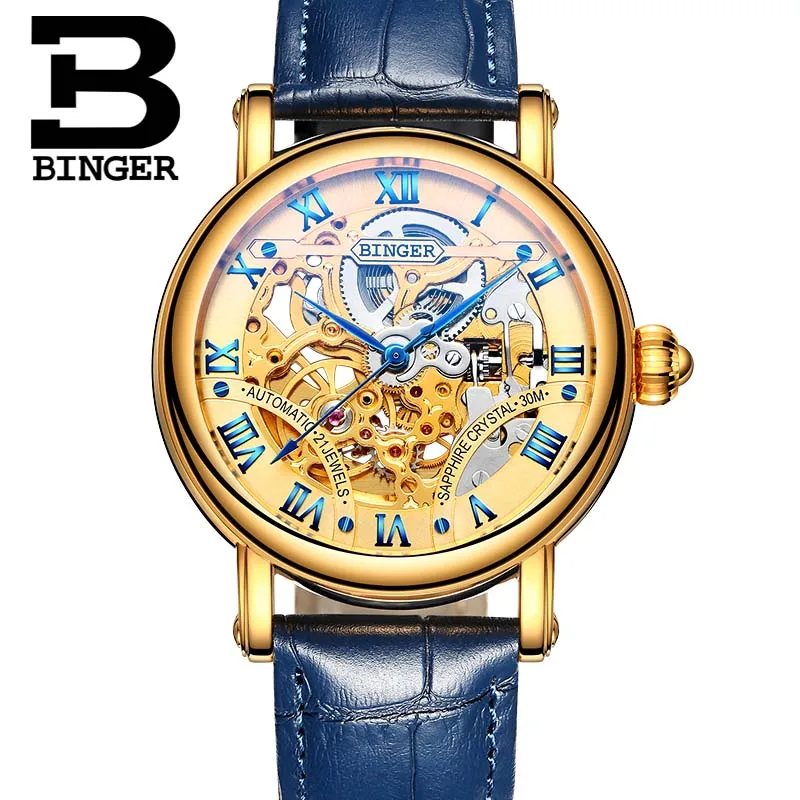 BINGER Luxury Gold Automatic Watches Skeleton Fashion Business Watch Men Mechanical Wristwatch Full Steel relogio masculino