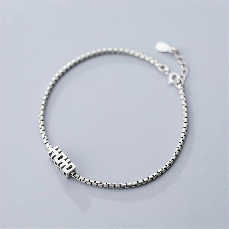 

100% 925 Sterling Silver Fashion Women Square Lattice Bracelet Chinese Style Characters Blessing Jewelry Female S2871