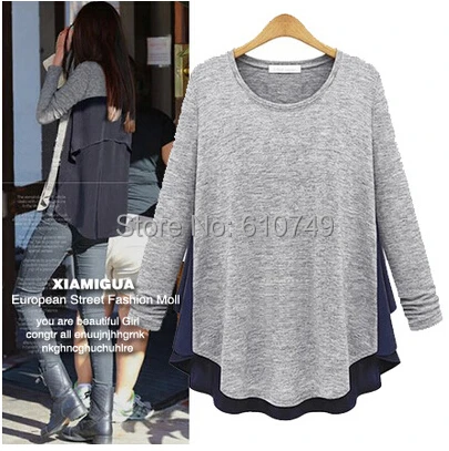 

New arrival Women Round Neck fashion Loose Asymmetric long sleeve Tunic chiffon stitching thin T-shirt Tops free shipping