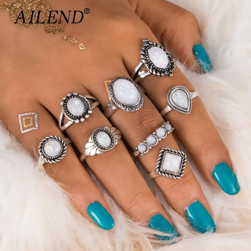 

AILEND New Ring vintage design OPAL knuckle rings set for women Boho geometric pattern flower rings party Bohemian jewelry 8pcs