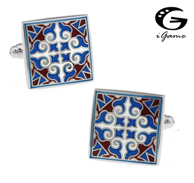 

iGame Men Gift Designer Cuff Links Blue Color Copper Material Novelty Royal Flower Engraved Enamel Design Free Shipping