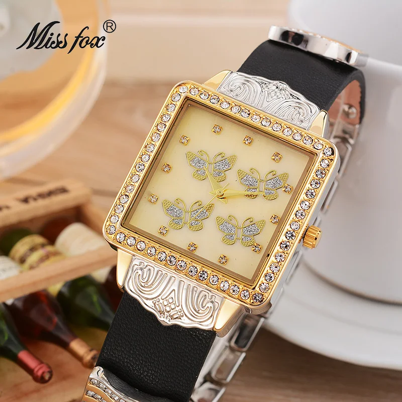 

Miss Fox Dress Watch Female Rhinestone Butterfly Stainless Steel Back Leather Band Quart-watch Flower Article Xcfs Horloge Dames