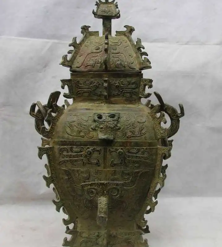 

21" China Royal Palace Bronze Carved Wild animal Beast Zun Bottle Flask Pot Vase