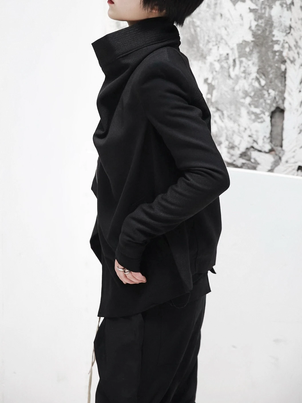 Greatest  [EAM] 2020 New Spring Stand Collar Long Sleeve Black Zipper Split Joint Irregular Jacket Women Coat
