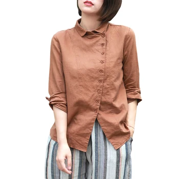 

Johnature Women Vintage Shirt 2019 Spring New Cotton Linen Shirts Casual Long Sleeve Turn-Down Collar Top Women Button Blouse
