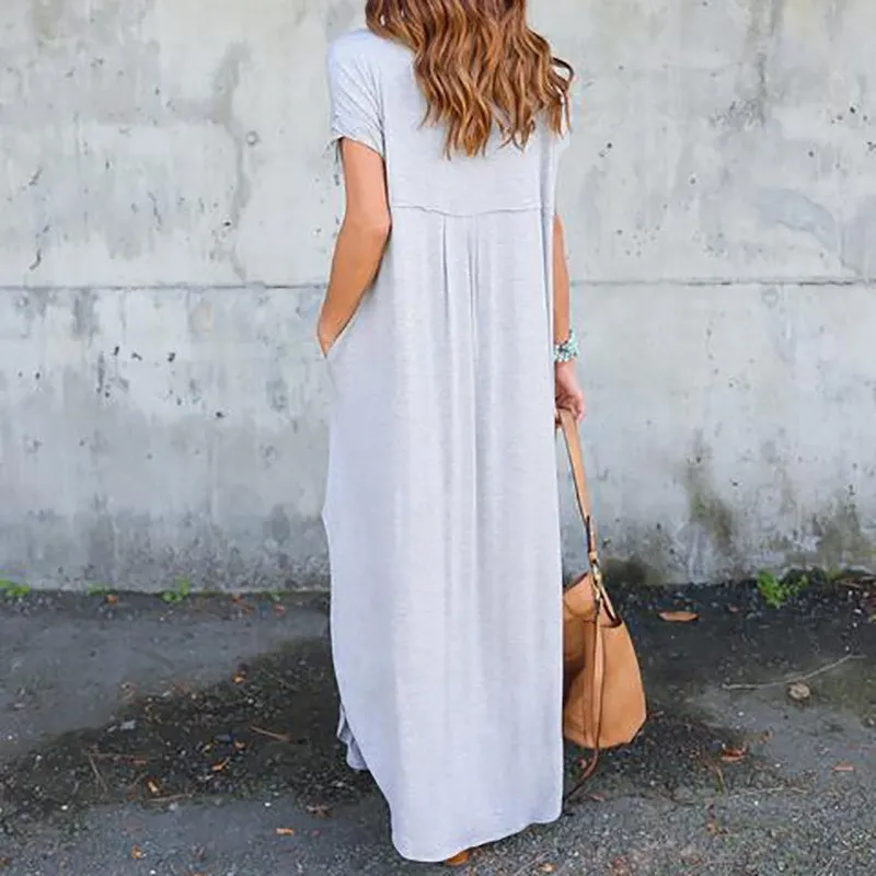 New Women Solid Maxi T Shirt Dress Short V-Neck Asymmetrical Party Casual Dress Vintage Boho Split Loose Long Beach Dresses Dresses