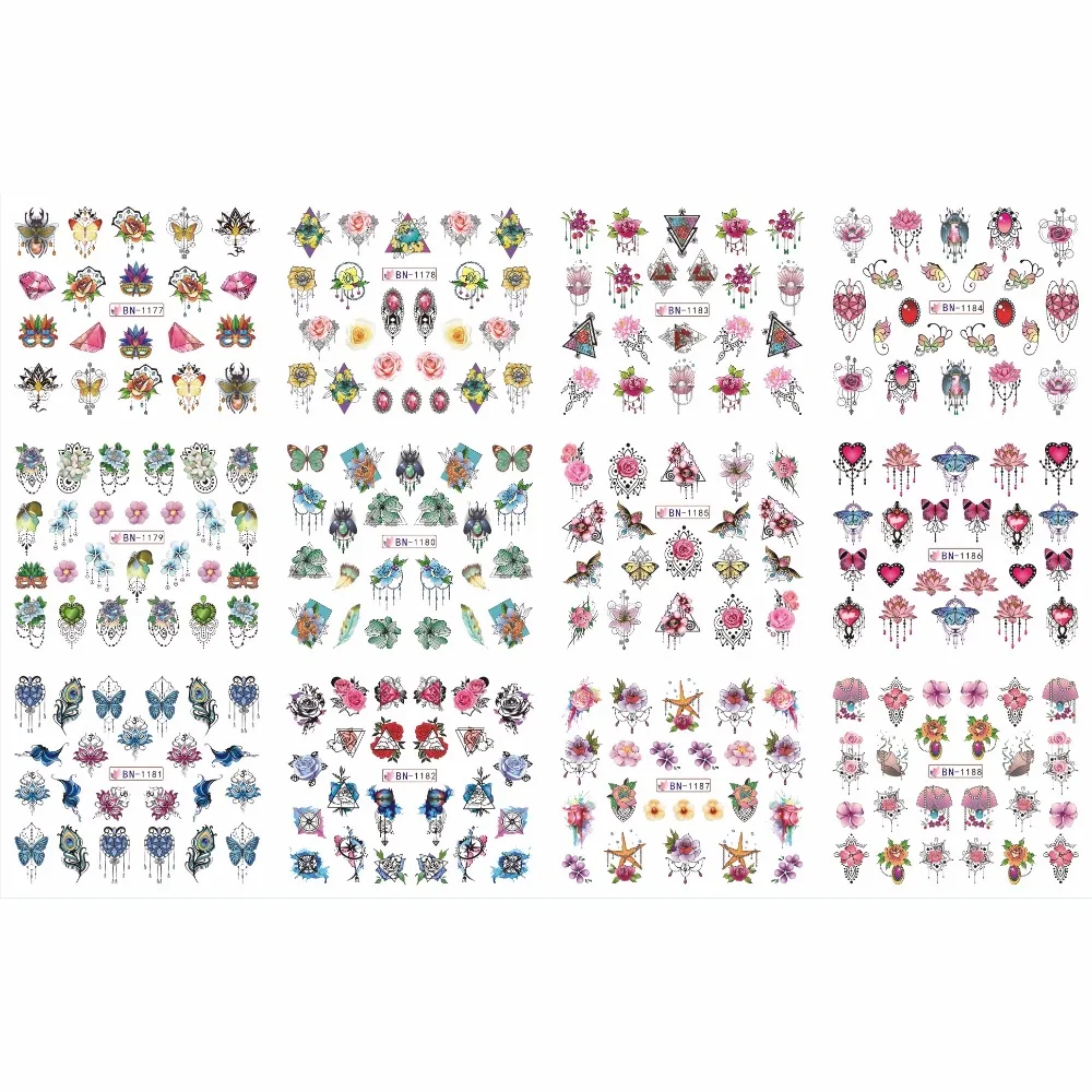 

12 PACK/ LOT WATER DECAL NAIL ART NAIL STICKER FULL COVER PENDANT DANGLING JEWEL GEOMETRIC FLOWER INSECT BN1177-1188