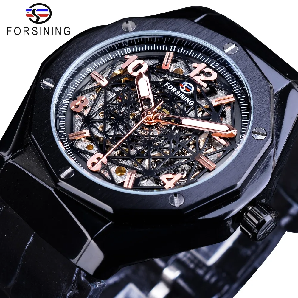 

Forsining Rose Golden Number Design Irregular Shape Clock Male Luminous Hands Automatic Watches for Men Black Genuine Leather