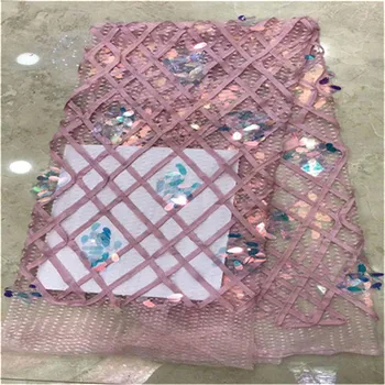 

New Nigerian Embroidered Sequined Mesh Lace Fabric Bride Wedding Fabrics In pink Sequins India African Net Tulle Swiss Voile