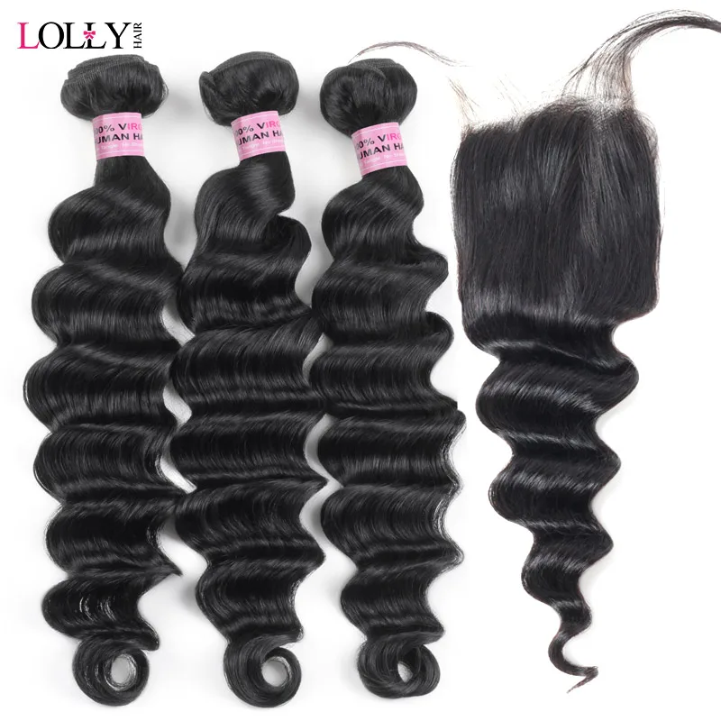 

Lolly Loose Deep Wave Bundles With Lace Closure 3 Bundles Peruvian Human Hair Bundles with Lace Closure Non Remy Hair Extension