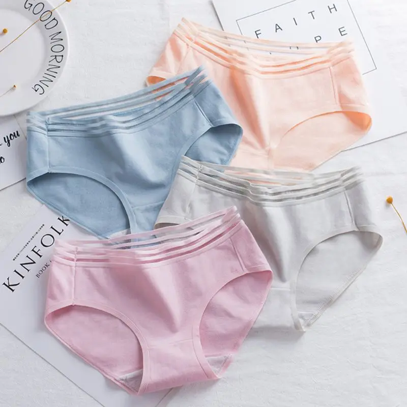 

Women Sweet Plain Solid Color Cotton Underwear Hollow Out Striped Waistband Mid Rise Panties Thong Breathable Triangle Briefs