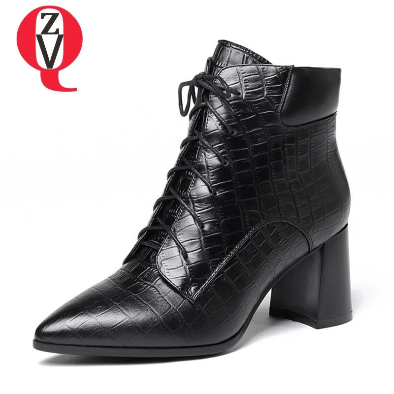 

ZVQ women shoes newest hot sale pointed toe high heels ladies side zipper winter warm black fashion lace-up leather ankle boots