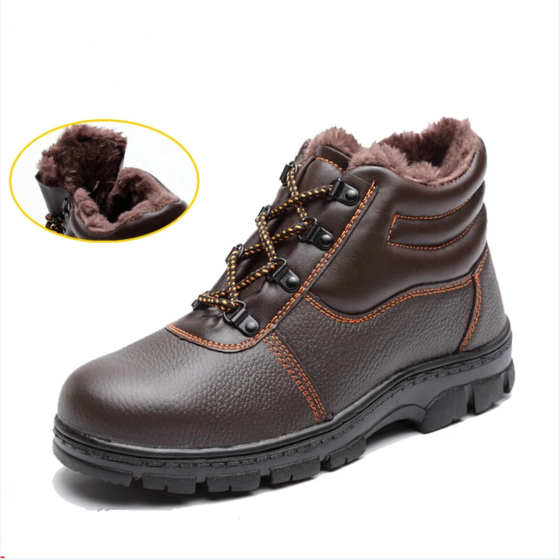 

fashion brown fur spring autumn winter snow ankle boots men genuine leather big size steel toe cap work safety shoes lace zapato