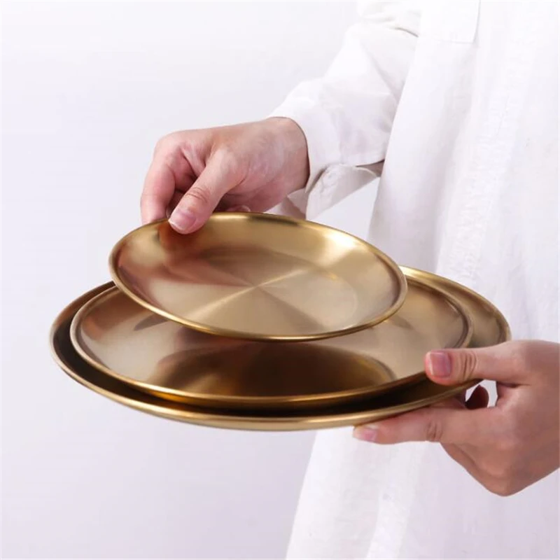 

Western Steak Round Tray Eco-Friendly 304 Stainless Steel Dinner Plates Gold Dishes Round Plate Tableware Tray