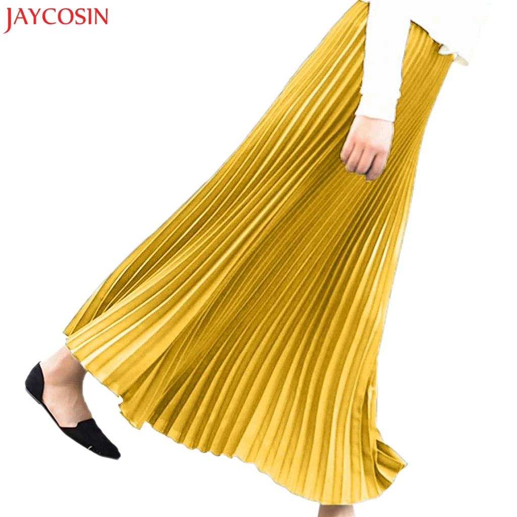 

JAYCOSIN Summer Women Lady Skirts Causal High Waist Solid Color Pleated Elegant Midi Elastic Waist Women Long skirt yellow z0405