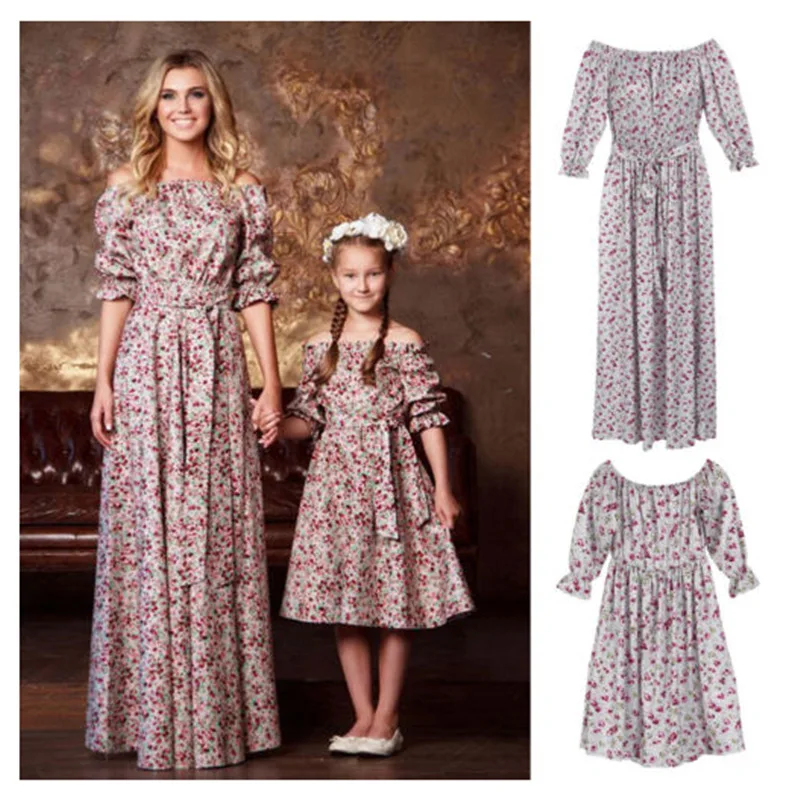 

ZOGAA 2019 Summer Belt Sleeved Dress Mommy and Me Clothes Print Floral Off Shoulder Maxi Dress Family Matching Outfits