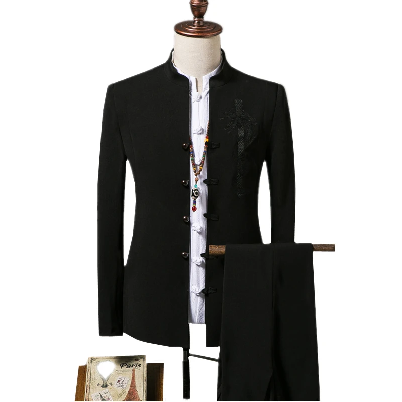 Autumn New Mens Suit 2 Piece Set ( suit Jacket and Pants ) Chinese Style Embroidery men Blazer Coat and Trousers Men S-4XL