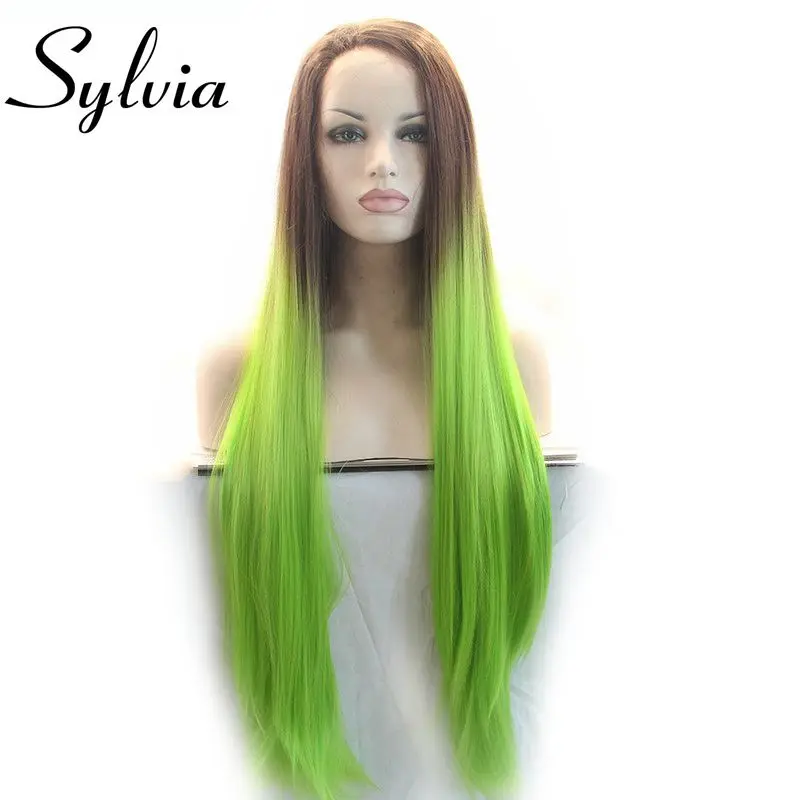

Sylvia Long Silky Staight Two Tones Color Ombre Synthetic Lace Front Wigs Brown To Green Heat Resistant Fiber Fully Hair