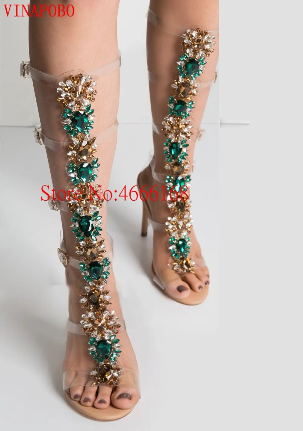 

Luxury Crystal Buckle Strap Sandals Fashion Women Rhinestone Knee High Boots Gladiator Sandals PVC Clear High Heels Party Shoes