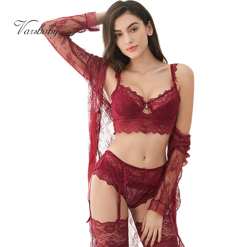 

Varsbaby Sexy Lace ultra-thin Push Up Underwear Set Nightgown+Bra+Garters+ Panties+ Stockings +Thong 6 Pcs