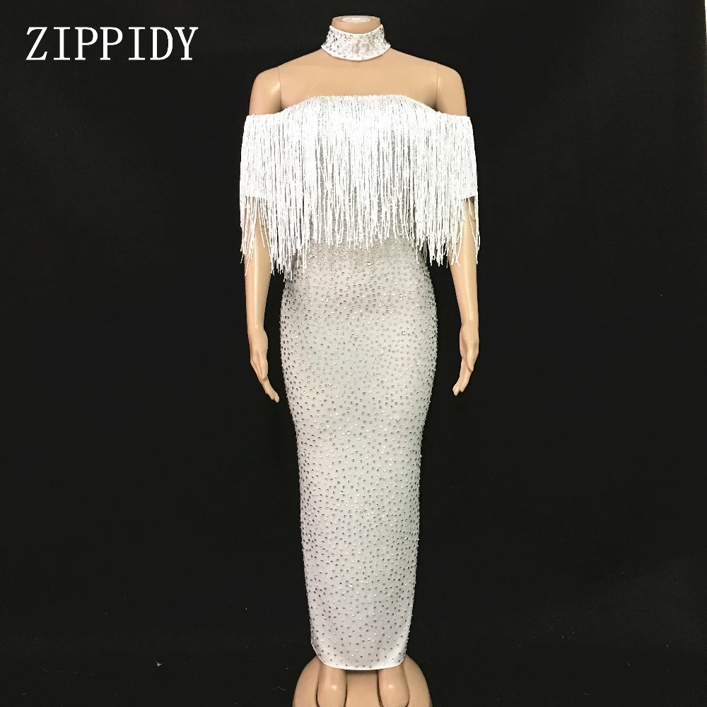 Silver White Rhinestones Tassel Dress Women S Birthday Party Fringes Dress Evening Wear Female Singer Dance One Piece Dress Dresses Aliexpress