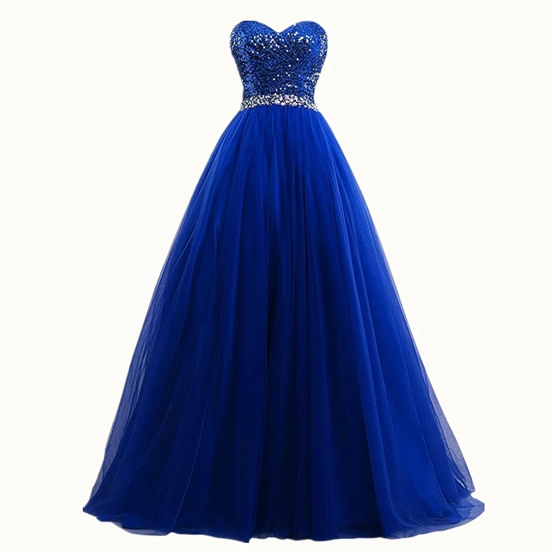 Royal Blue 2018 Cheap Tulle Dress Simple Ball Gown With Luxury Crystal ...