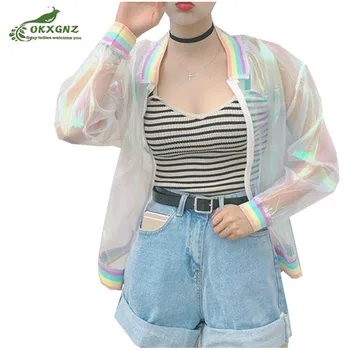 

2020 Summer Women Jacket Laser Rainbow Symphony Hologram Women Basic Coat Clear Iridescent Transparent Bomber Jacket Sunproof