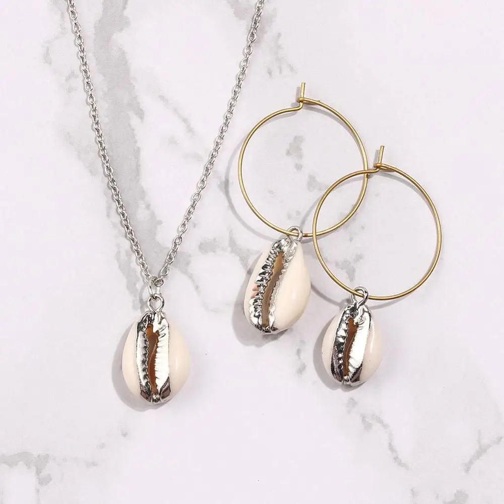 Atilady Shell Jewelry Set for Women Necklace with Hoop Earrings Set Beach Boho Party Jewelry Gift Drop Shipping - Окраска металла: 06