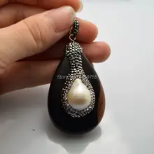 4PCS Black wood Drop Shape Pendant with Waterfresh Pearl and Crystal Rhinestone Paved Druzy Pendant For