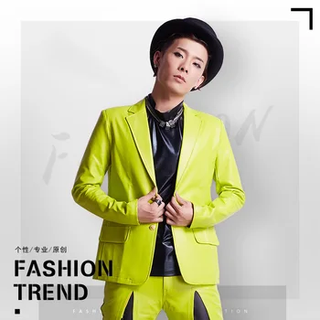 

Fashion Men's Cool Fluorescent Green Leather Jackets Nightclub Singer DJ stage Costumes Wear men's business suit