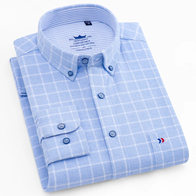 

Men's Stylish Thick Brushed Plaid Checkered Shirt Single Patch Pocket Regular-fit Long Sleeve Buttoned Collar Cotton Dress Shirt