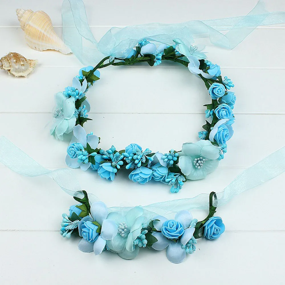 Лента для волос ручной работы цветок аксессуары для волос искусственные цветочные женщины девушка свадебное украшение для головы на выпускной венок-корона с браслетом - Цвет: blue