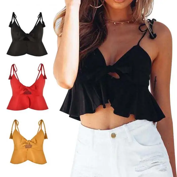Women Sexy Crop Top Ruffles Camisole Spaghetti Straps Vest Bow Pleated Camis Casual Tank Tops FDC99