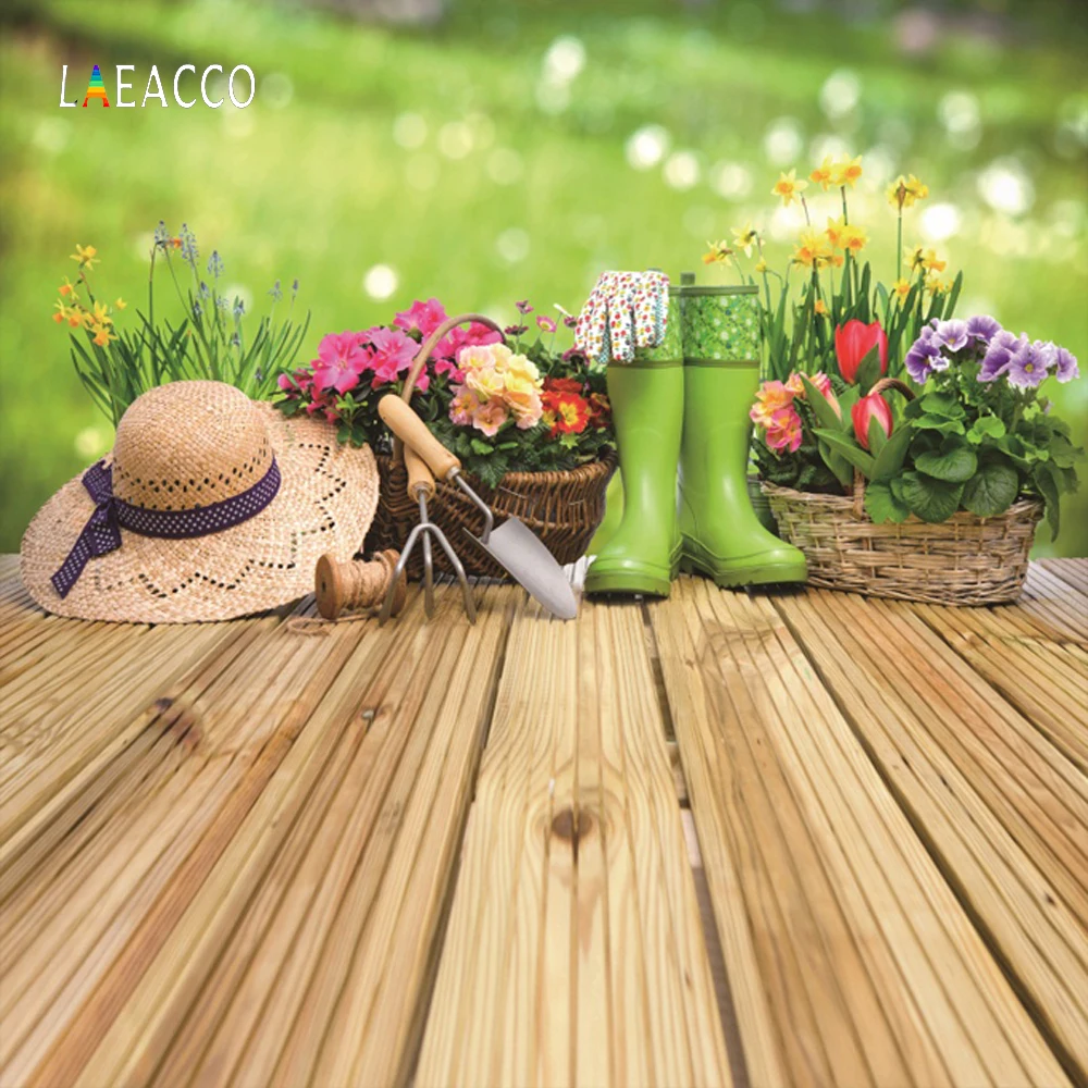 

Laeacco Spring Green Flower Garden Tools Polka Dots Wooden Board Baby Portrait Photography Backdrops Backgrounds Photo Studio