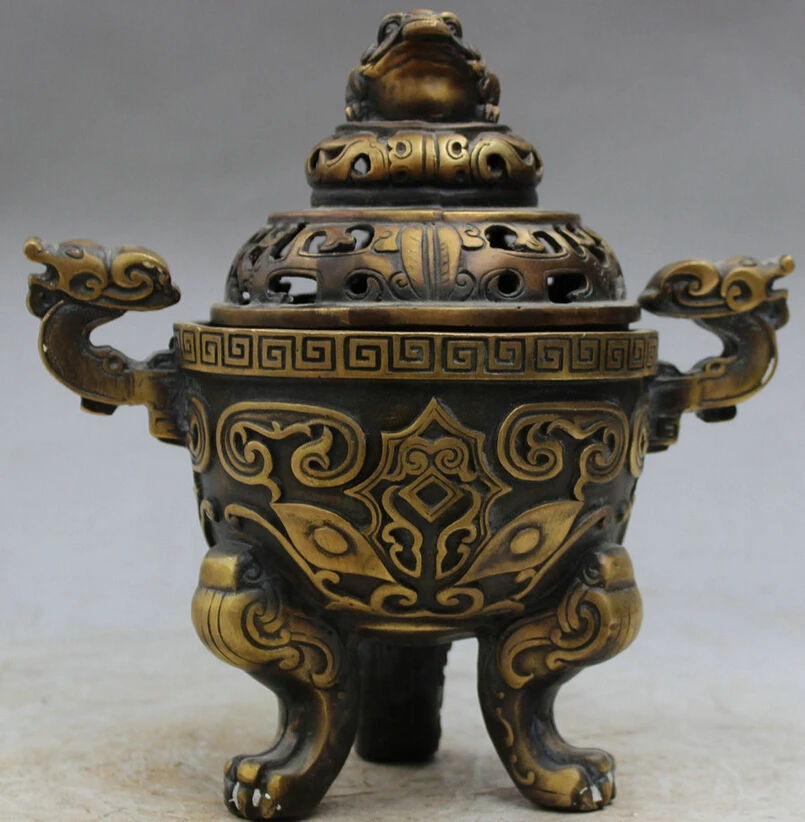 

song voge gem S4261 8" Chinese Bronze Jump Hoptoad Toad Dragon Head Statue Incense Burner Censer