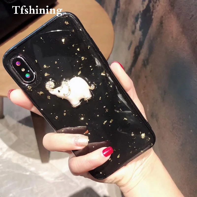 

Tfshining Gold Foil Glitter Bling Case for iPhone X XS MAX 8 7 6 6S Plus Cute Elephant Silicone Soft TPU Black Back Cover Coque