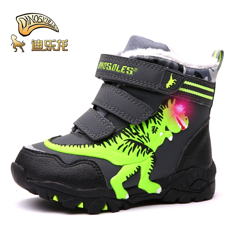  Dinoskulls Little Kids Winter Boots Shoes Boys Led Lighted Children Snow Boots Leather Warm Fleece  - 33035764050