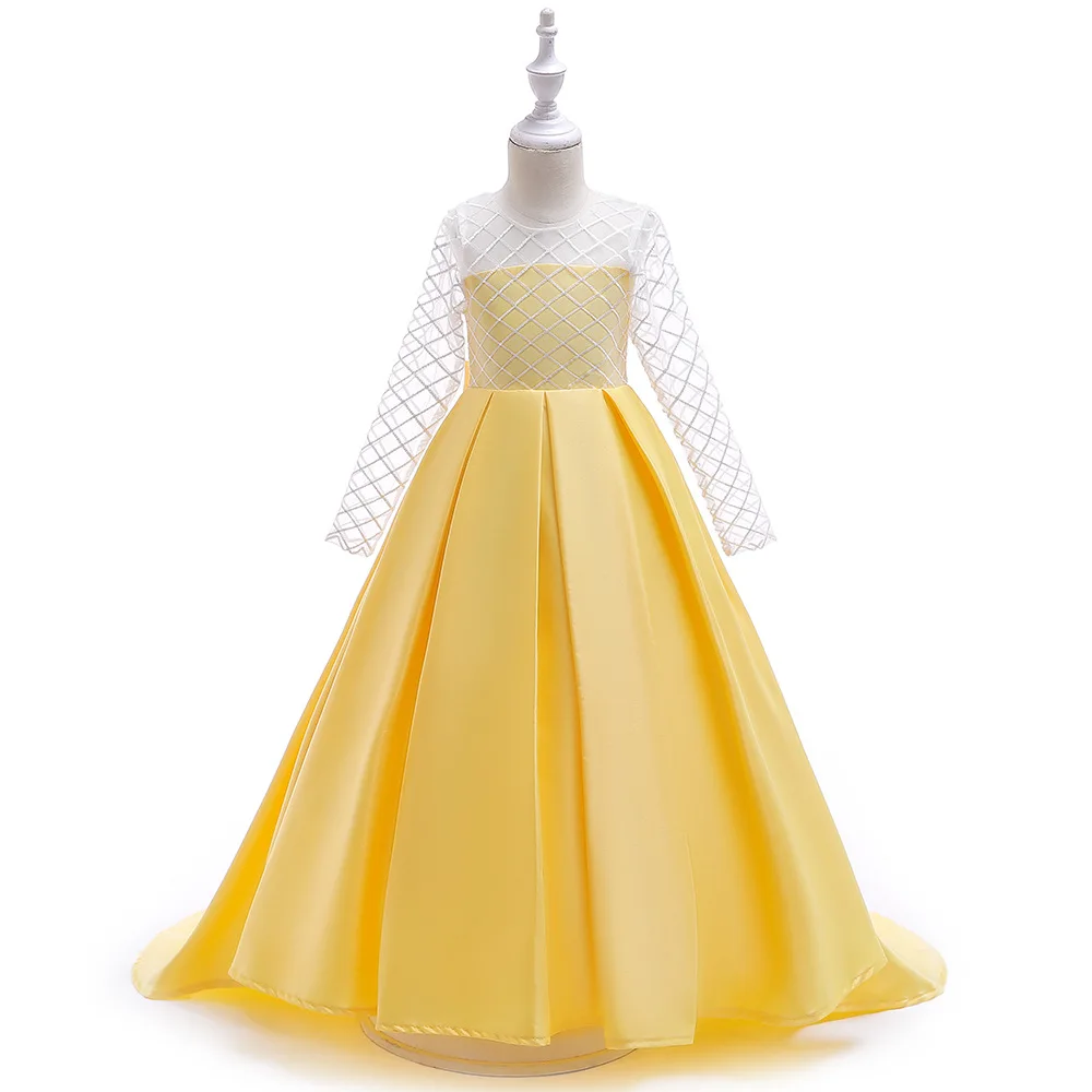 

2019 Cross-border New Girl's Long Sleeve Princess Dress Grid Strapless Tail Dress Gown Dress Regular Kids Party for Girl Clothes