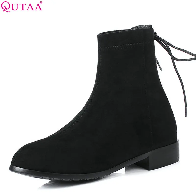 

QUTAA 2019 Women Ankle Boots Squre Heel Pointed Toe Fashion Women Shoes Lace Up Winter Boots Platform Women Boots Size 34-43