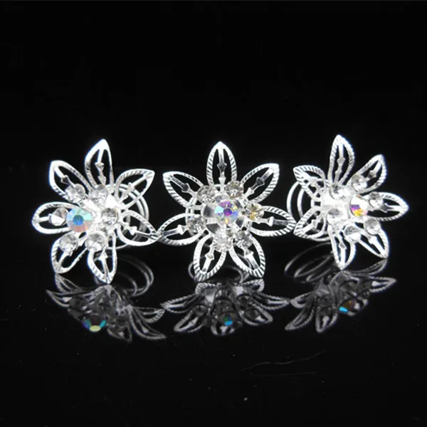 

2015 New Fashion 12 Pcs Silver Flower Bridal Wedding Prom Crystal Rhinestone Twists Spins Hair Pins Hair Clips Hair Accessory