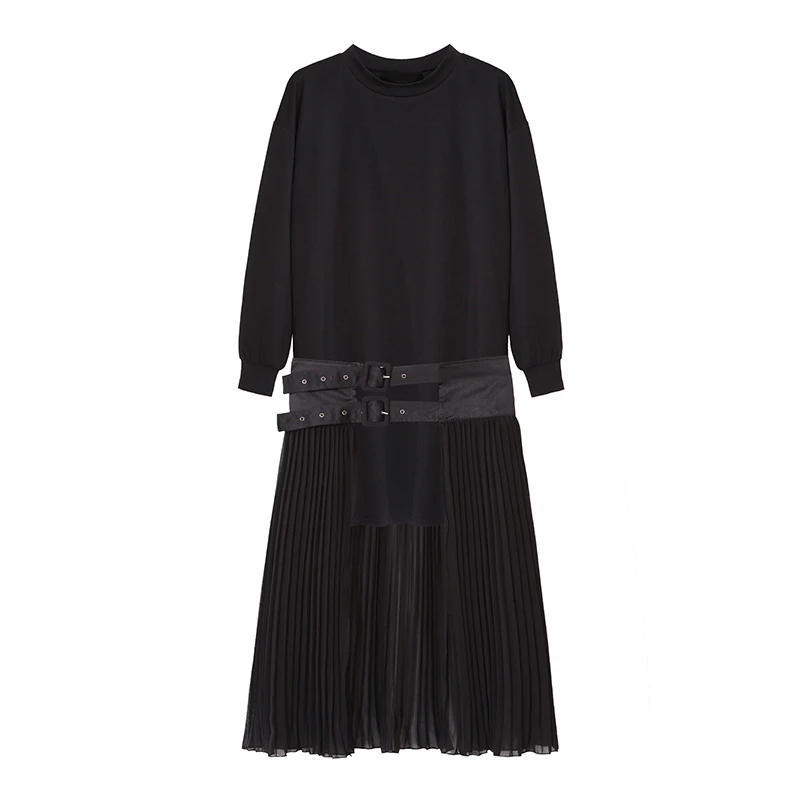 

2017 New Spring Long - Sleeved Round Neck Dress Women Loose Pleated Waist Button Dress Two Pieces Dress