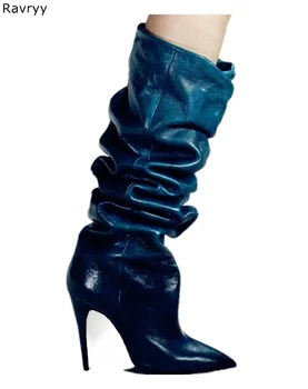 

Luxury Blue Leather Woman Long Boots drape female Boots Pointed Toe thin Heel motorcycle booties Autumn Fashion Model Show Shoes