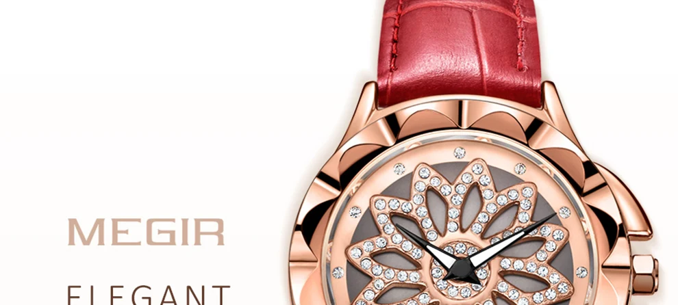 MEGIR женские роскошные стразы, вращающиеся Аналоговые кварцевые наручные часы с кожаным ремешком, водонепроницаемые Креативные Часы Relogio Feminino