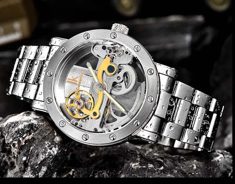 Мужские часы, автоматические механические наручные часы, цветной полый светящийся модный ремешок из нержавеющей стали