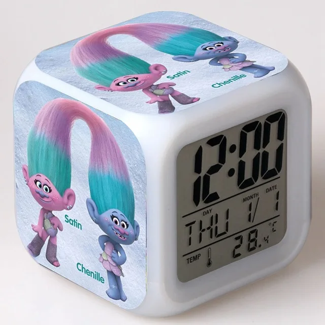 Многофункциональный Детский Повтор троллей из мультфильма, 7 цветов, светящийся цифровой будильник, светодиодный Будильник, термометр, часы, кубическая игрушка - Цвет: Небесно-голубой