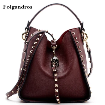 

Luxury Genuine Leather Rivet Portable Messenger Bucket Bags Designer Bags Famous Brand Women Bags High Quality Designer Handbags
