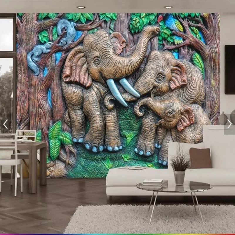 

Large custom 3D mural wallpaper Wooden carved forest elephant Kids room background wallpaper Bedroom sofa background Wall paper